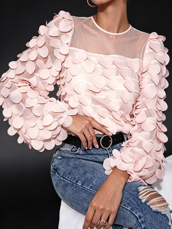 Elegant Plain Crew Neck Long Sleeve Blouse