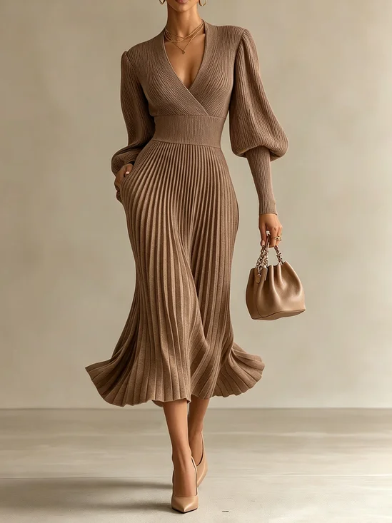 Elegant Plain Balloon Sleeve V Neck Midi Dress