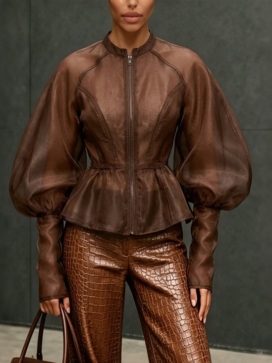 Urban Puff Sleeve Plain Stand Collar Jacket