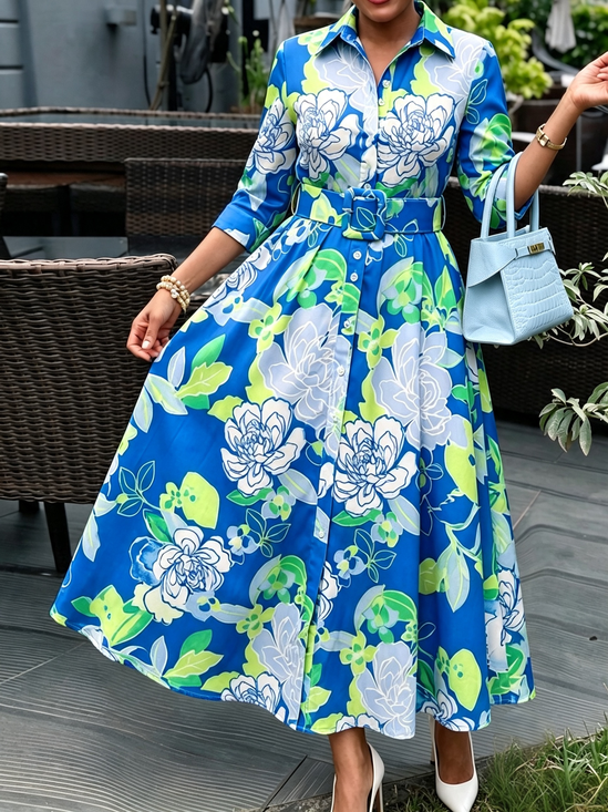 Elegant Floral Printing Shirt Collar Maxi Dress With Belt