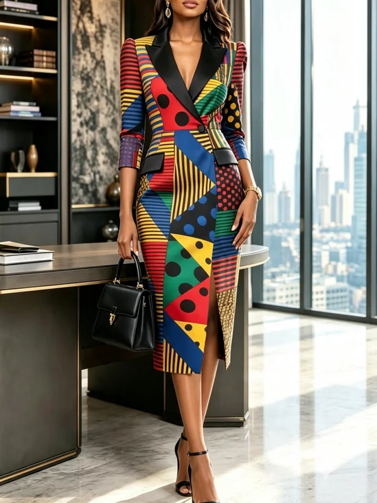 Urban Polka Dots Printing Lapel Collar Midi Dress