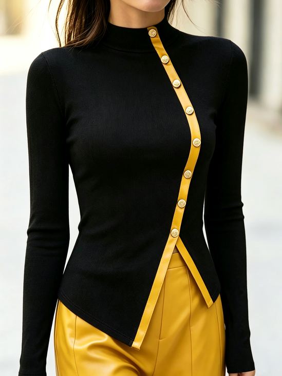 High Elasticity Urban Color Block Stand Collar Blouse