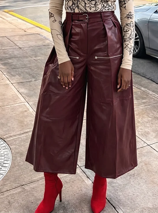 Urban Plain Zipper Wide Leg Pants Faux Leather Pant