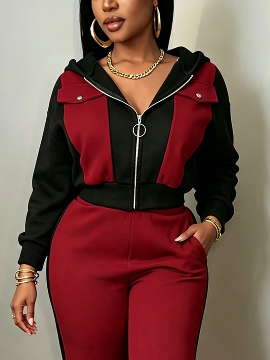 Casual Pockets Stitching Color Block Hoodie Jacket