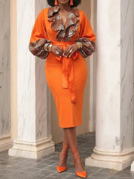 Elegant Leopard Lotus Leaf Collar Dress With Belt