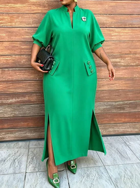 Casual Plain Stand Collar Half Sleeve Maxi Dress