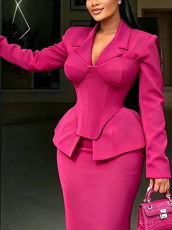 Elegant Plain Lapel Collar Blazer With Girdle