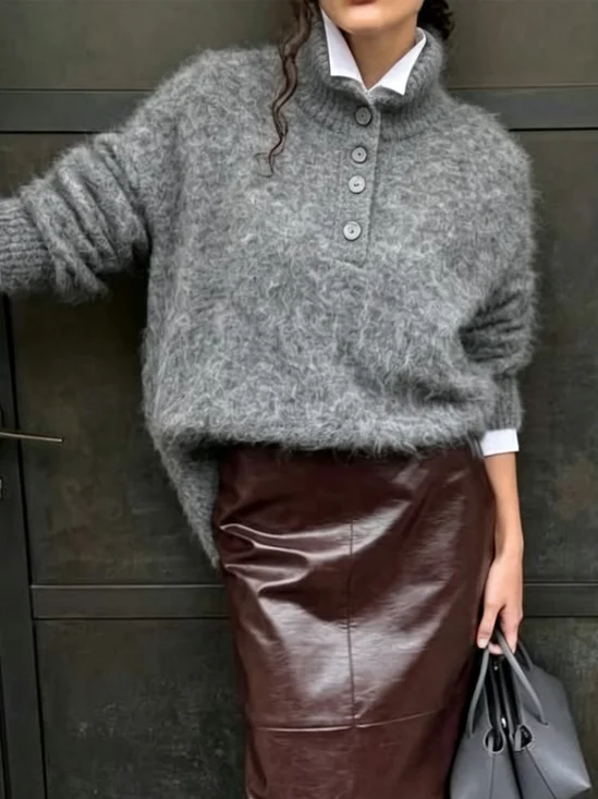 Urban Plain Buttoned Turtleneck Sweater