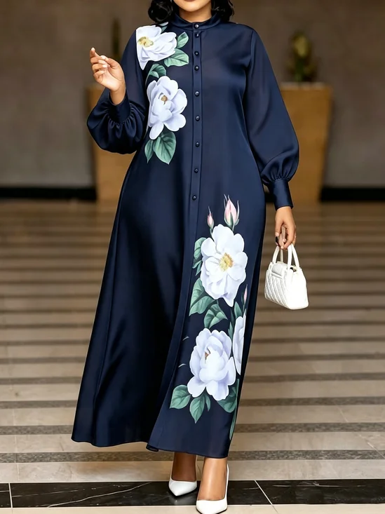 Elegant Floral Stand Collar Long Sleeve Maxi Shirt Dress