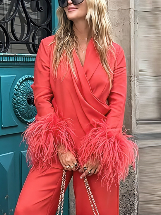 Elegant Plain Feather-trimmed V Neck Blouse