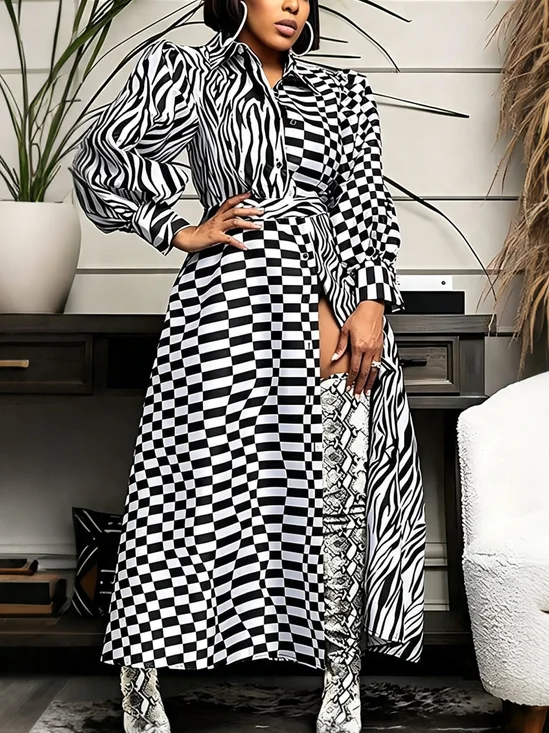 Urban Plaid Printing Shirt Collar Maxi Dress
