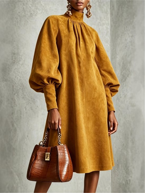 Casual Plain Balloon Sleeve Gathered Stand Collar Midi Dress