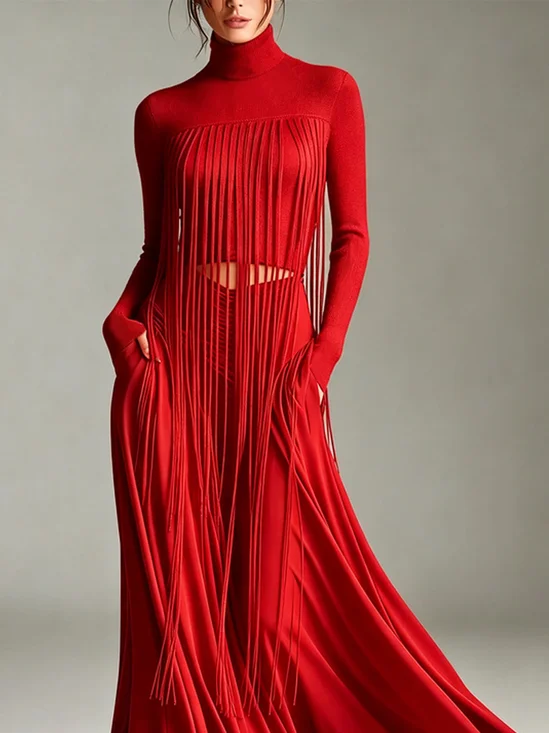 Elegant Plain Tassel Turtleneck Blouse