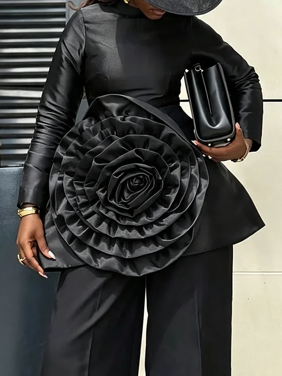 Elegant Plain 3D Floral Stand Collar Blouse