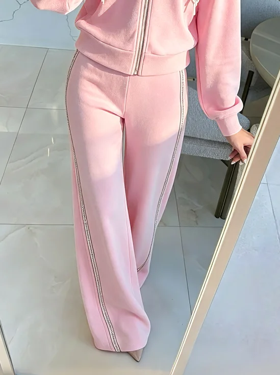 Cotton Casual Plain Webbing Wide Leg Pants