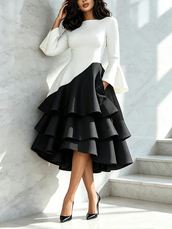Elegant Color Block Bell Sleeve Folds Boat Neck Midi Dress