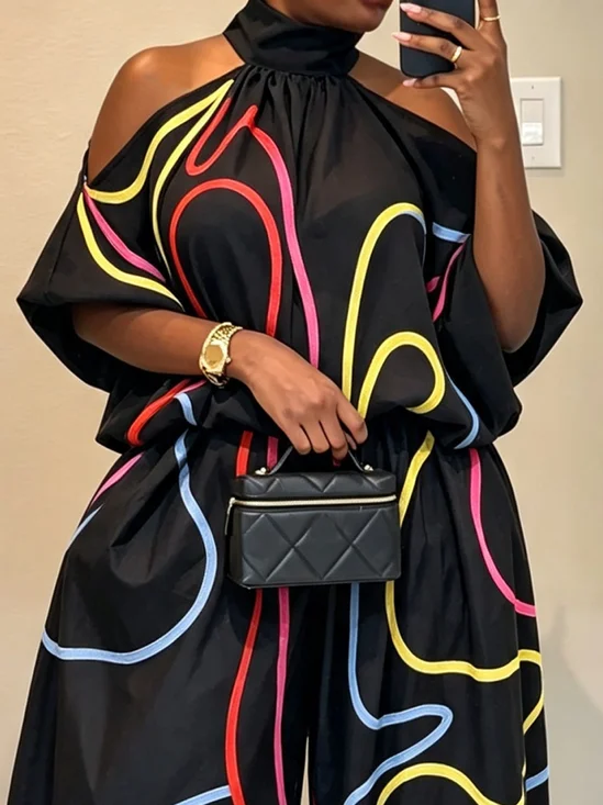 Casual Random Print Printing Stand Collar Off Shoulder Sleeve Blouse