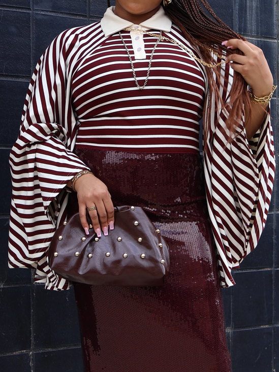 Medium Elasticity Casual Striped Shirt Collar Long Sleeve Blouse