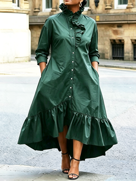 Urban Plain Lotus Leaf Collar Maxi Dress