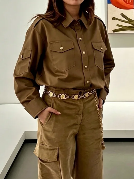 Casual Plain Metal Shirt Collar Shirt