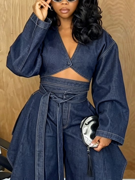 Casual Plain Buttoned V Neck Denim Top