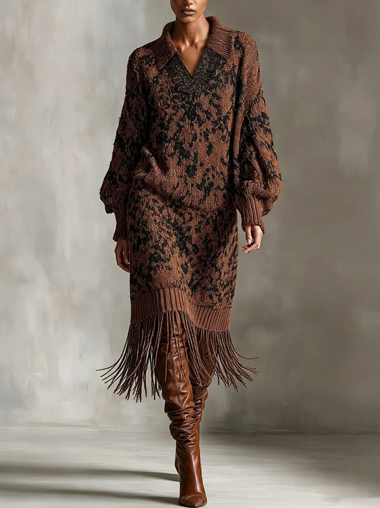 Casual Leopard Tassel Shirt Collar Midi Dress