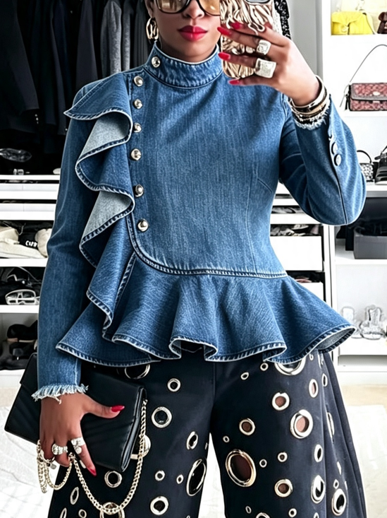 Urban Plain Peplum Stand Collar Denim Top