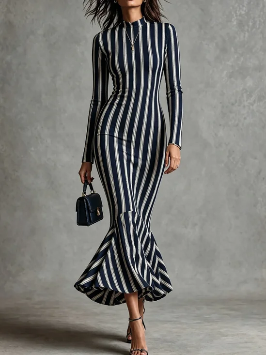 Elegant Striped Printing Mock Neck Maxi Dress