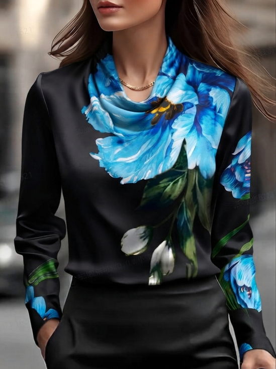 Urban Floral Printing Cowl Neck Blouse