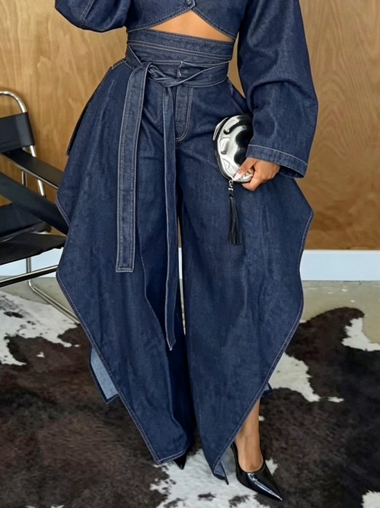 Irregular Craftsmanship Casual Denim Plain Jeans With Belt