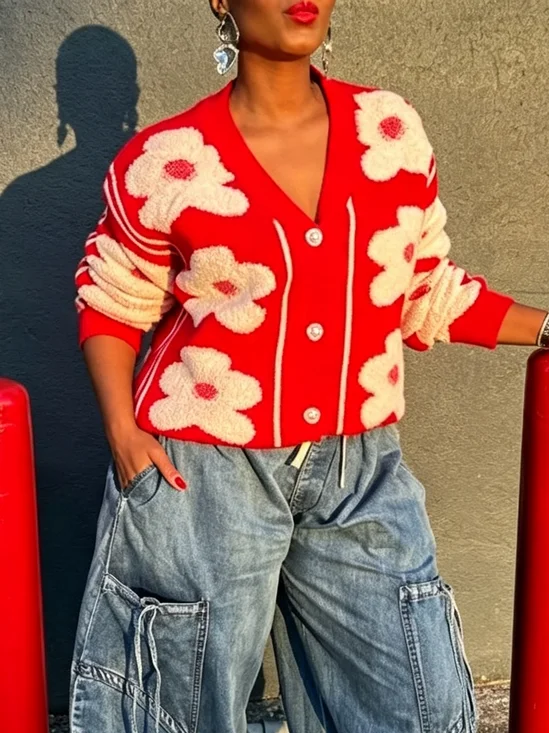 Casual Floral V Neck Cardigan