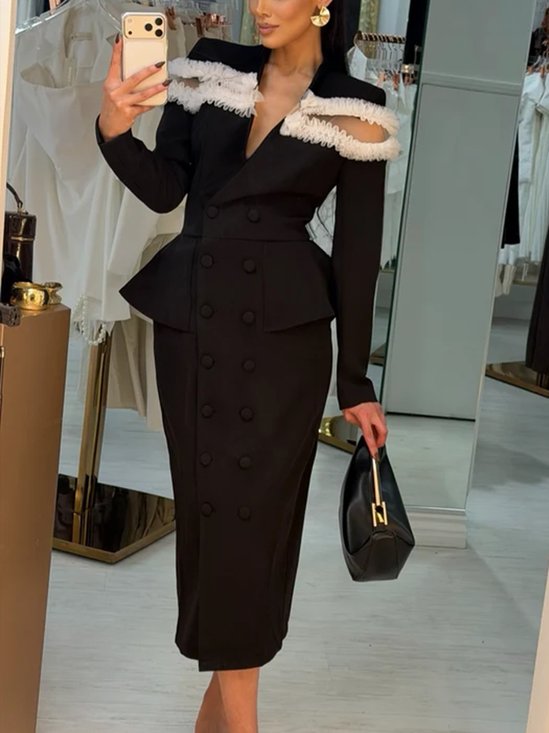 Elegant Color Block Split Joint V Neck Midi Dress