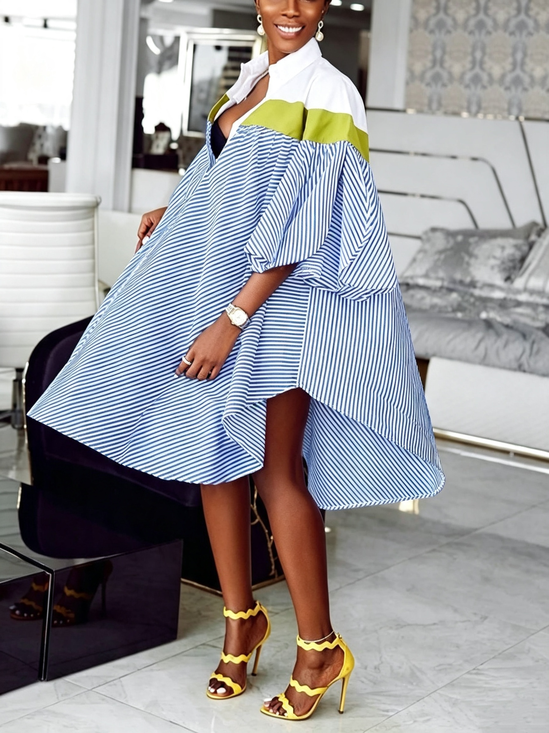 Casual Plaid Split Joint Shirt Collar Midi Dress