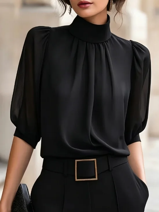 Satin Elegant Plain Gathered Stand Collar Blouse