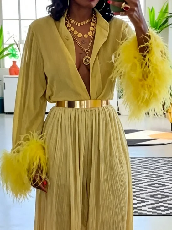 Elegant Plain Feather-trimmed Shirt Collar Shirt
