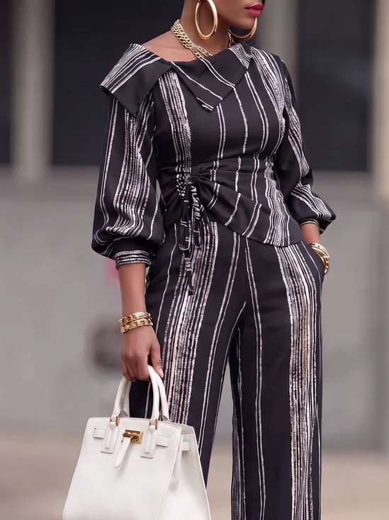 Urban Striped Printing Shawl Collar Blouse