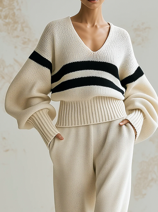 Casual Striped V Neck Balloon Sleeve Sweater