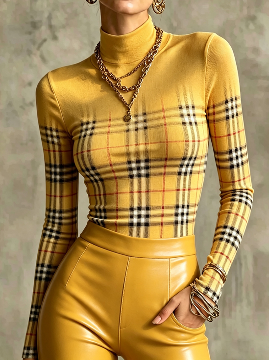 Casual Plaid Mock Neck Long Sleeve T-shirt