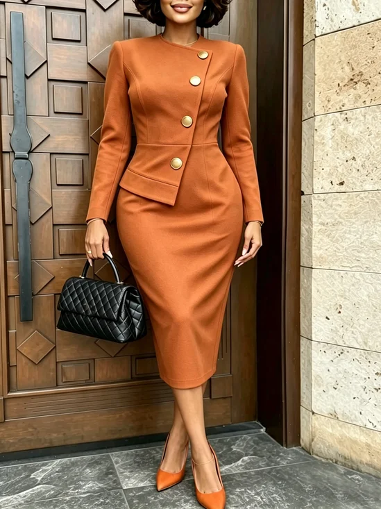 Urban Plain Buttoned Midi Dress