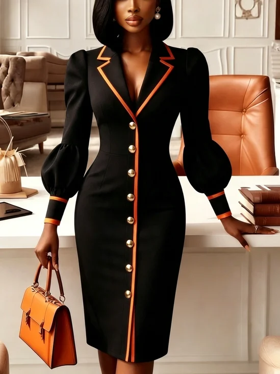 Urban Color Block Balloon Sleeve Buttoned Lapel Collar Midi Dress