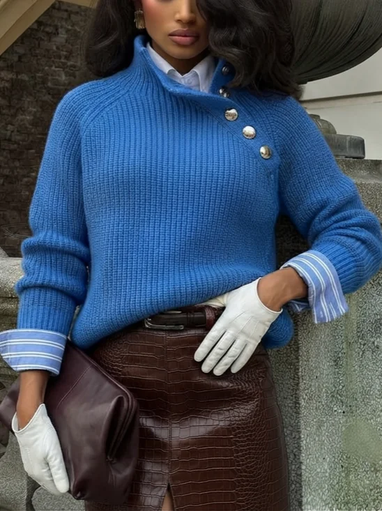 Urban Plain Buttoned Asymmetrical Sweater