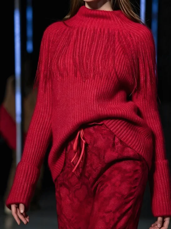 Elegant Plain Tassel Mock Neck Sweater