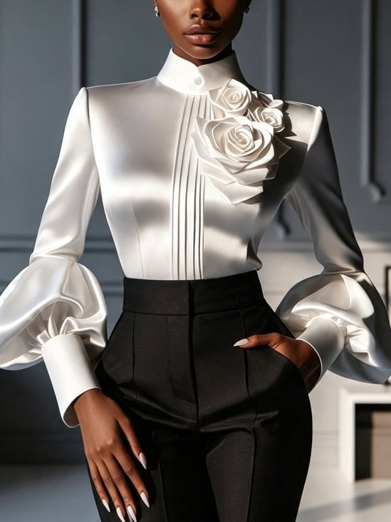 Satin Elegant Plain 3D Floral Stand Collar Blouse