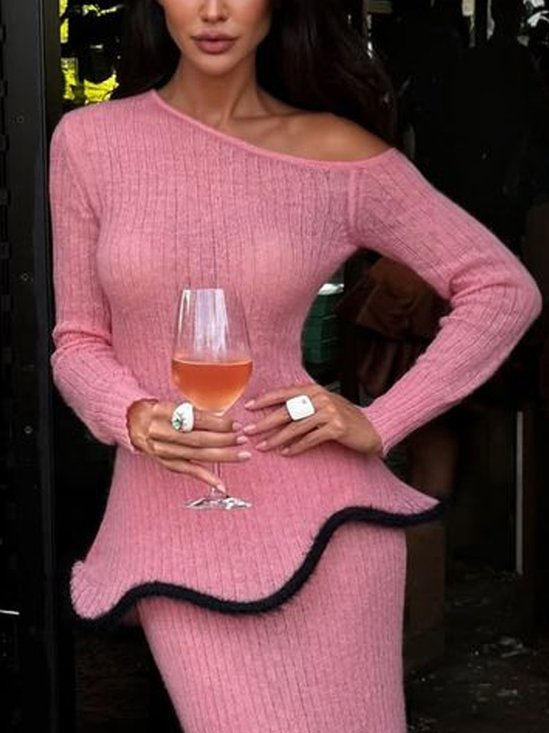 Elegant Color Block Peplum Cold Shoulder Sweater