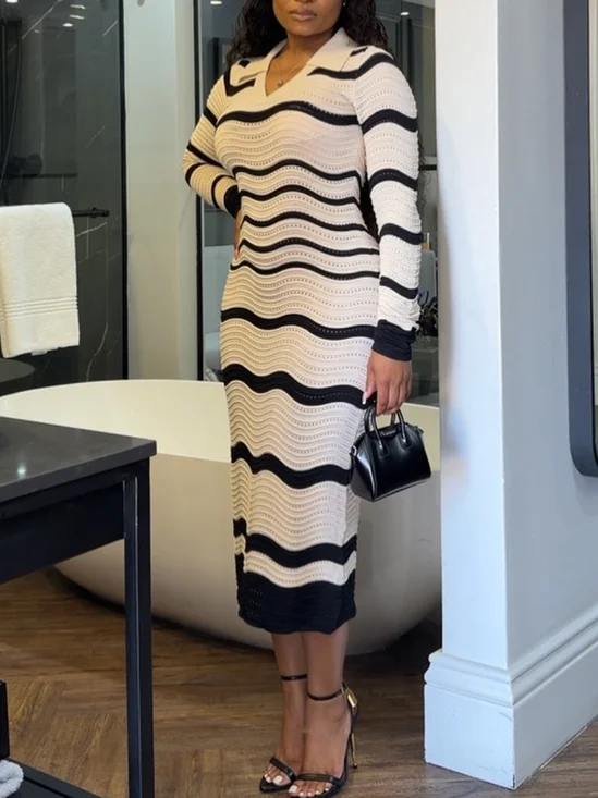 Casual Chevron Shawl Collar Midi Sweater Dress