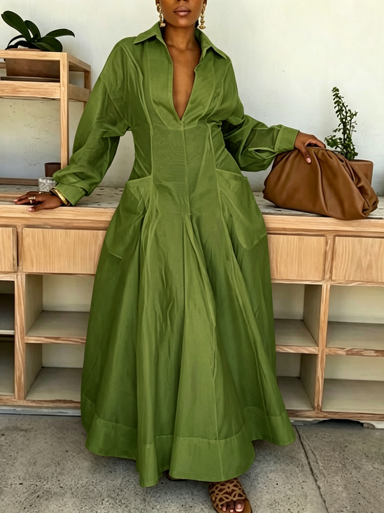Casual Plain Pockets Shawl Collar Maxi Dress