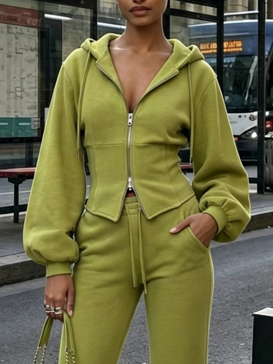 Casual Balloon Sleeve Zipper Plain Hoodie Jacket