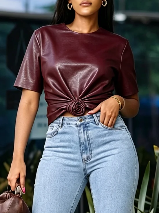 Casual Plain 3D Floral Crew Neck Faux Leather Top
