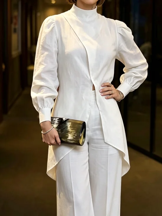 Cotton And Linen Casual Plain Stand Collar Puff Sleeve Blouse