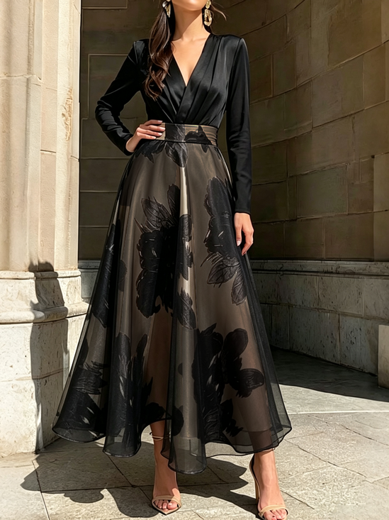 Urban Floral Color Block Cross Neck Midi Dress